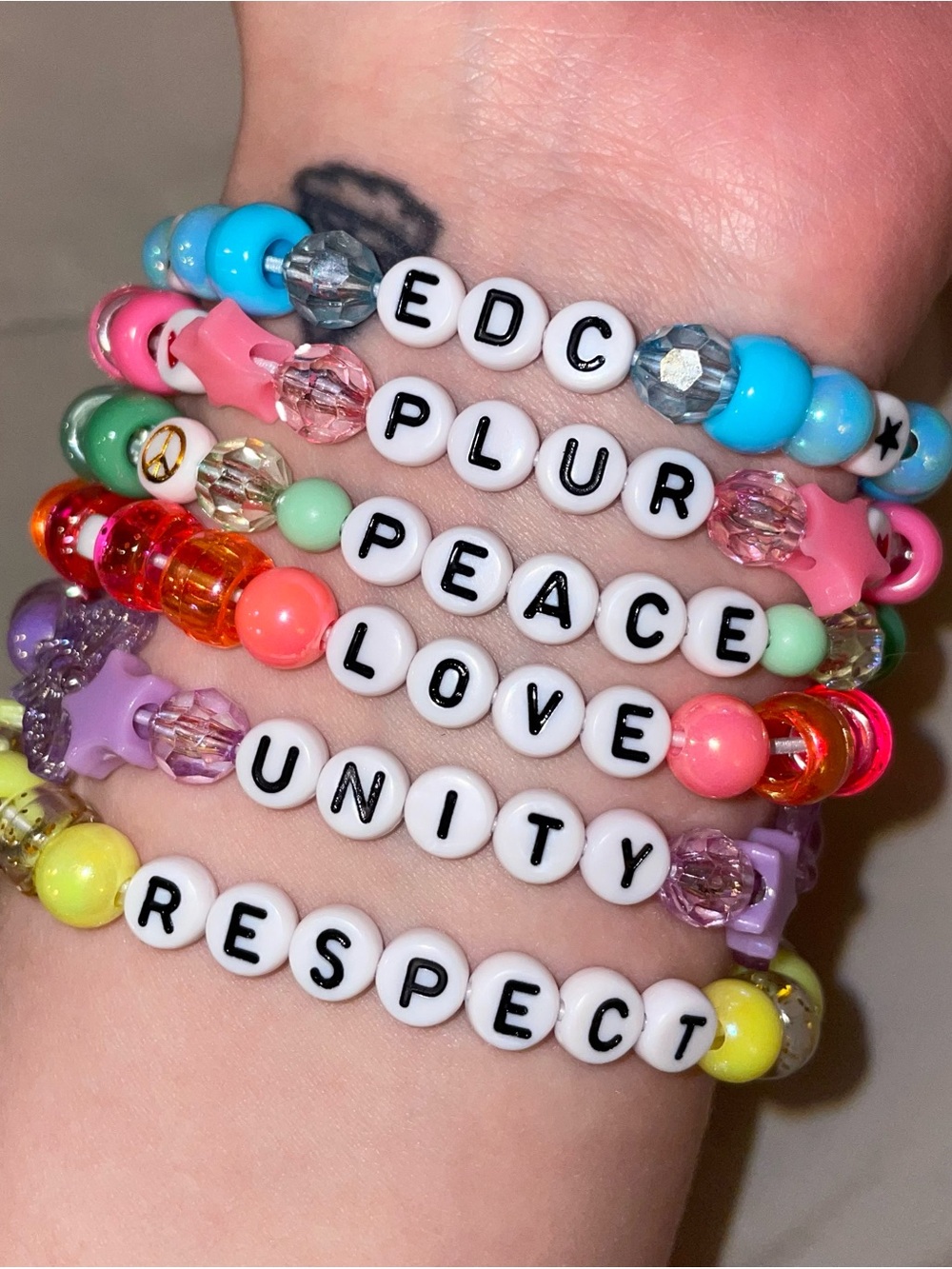 Multicolor Beaded PLUR “Kandi” Bracelets - Peace, Love, Unity, Respect